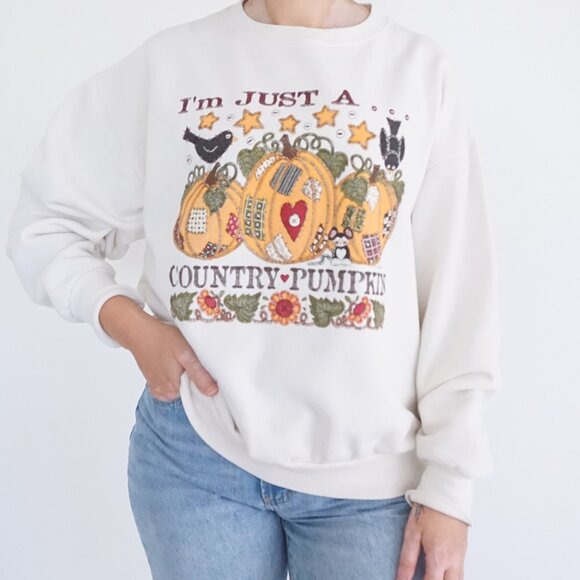 Vintage Delta Country Pumpkin Sweatshirt White 90s Fall Grandmacore Cabincore XL - Picture 1 of 11